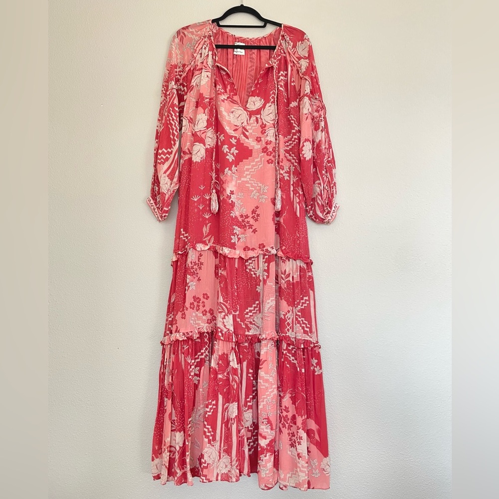 Chufy Women's Small Paracas Caftan Maxi Dress Red Multi Silky Ruffled Floor Leng